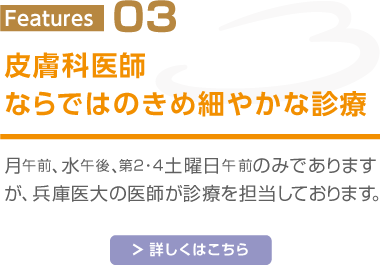 Features03 皮膚科医師ならではのきめ細やかな診療 月午前、水午後、第2・4土曜日午前の身でありますが、兵庫医大の医師が診療を担当しております。 詳しくはこちら